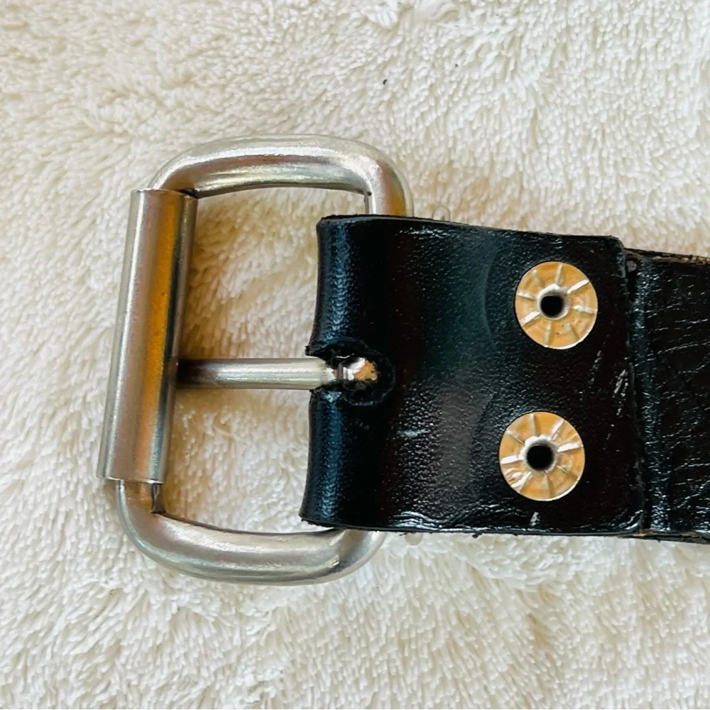 SILVER HEAVY METAL CHAIN AND BLACK LEATHER MOTO BELT SIZE 38 VINTAGE